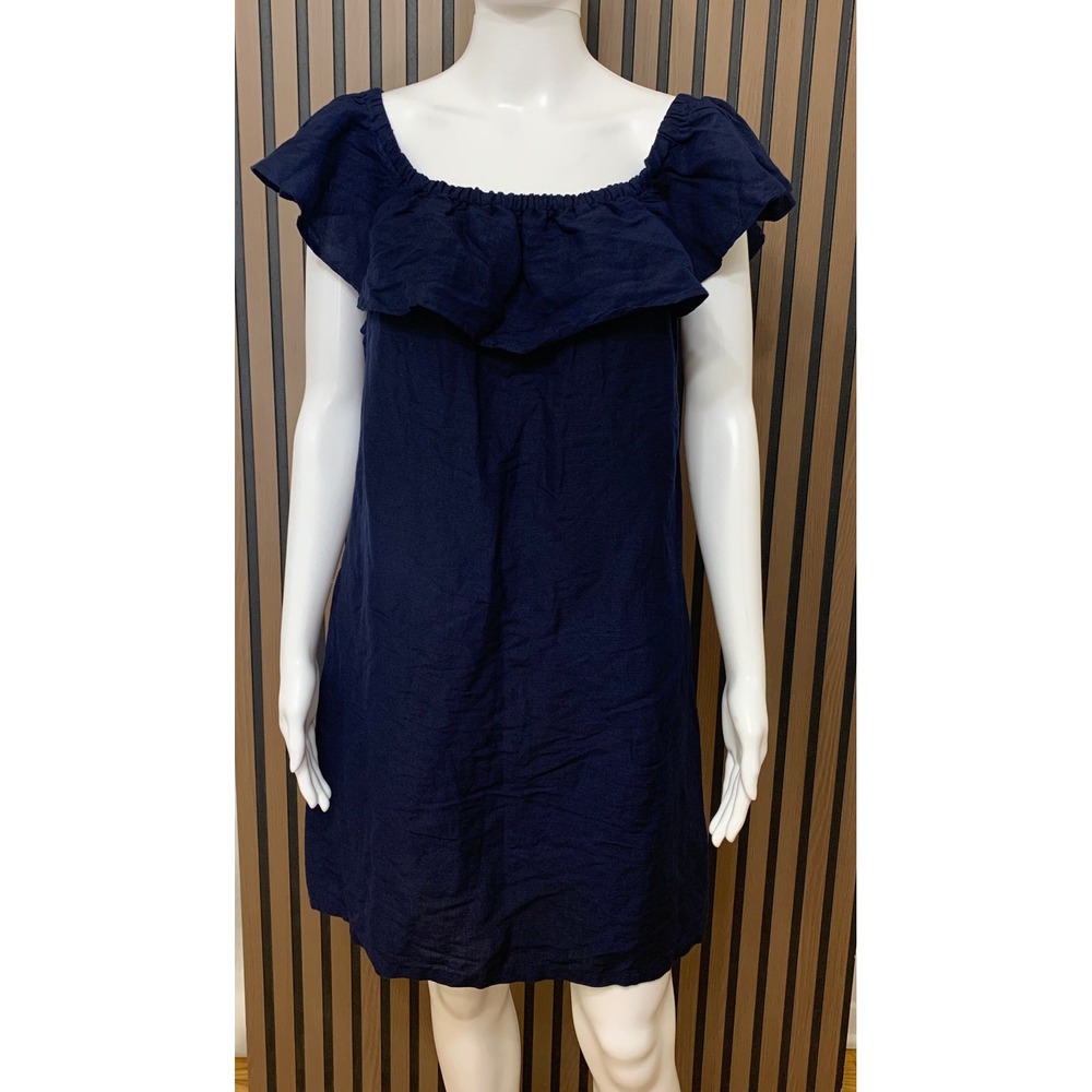 Tommy Bahama Navy Blue Linen Blend Ruffle Off Shoulder Shift Dress Large L